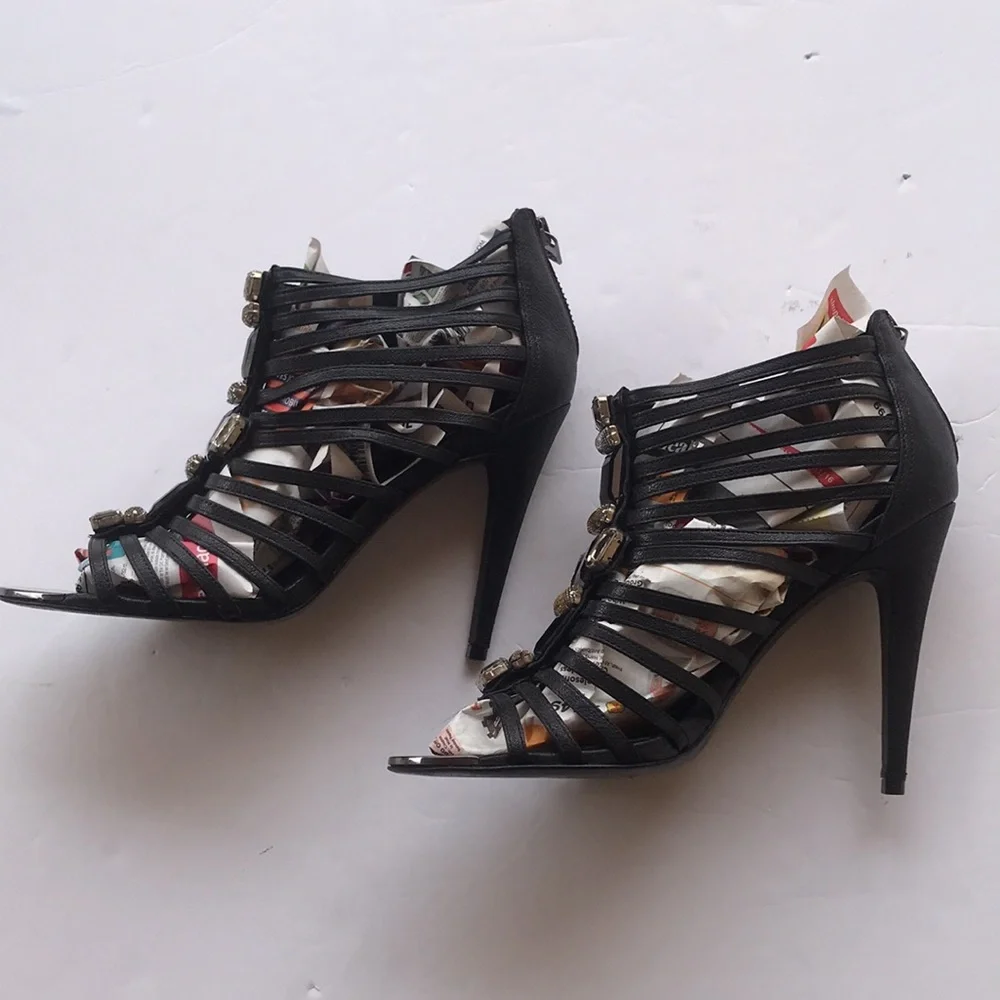 Tory Burch Black Sandals Heels Crystal Stiletto High Designer Gem Sparkle 9 Cute